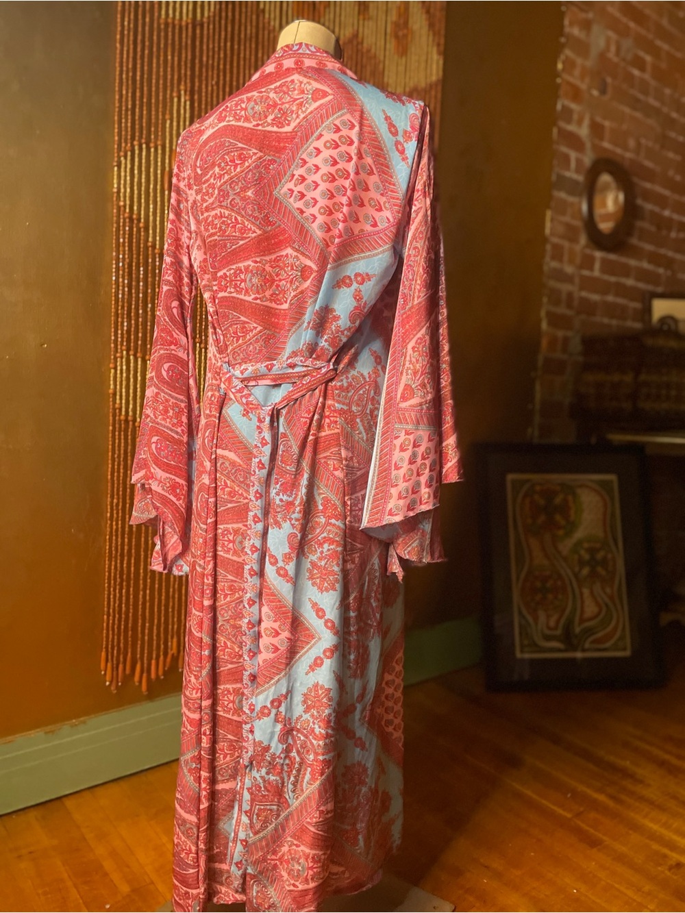 Pink & Light Blue Paisley Long Robe - Picture 8 of 9